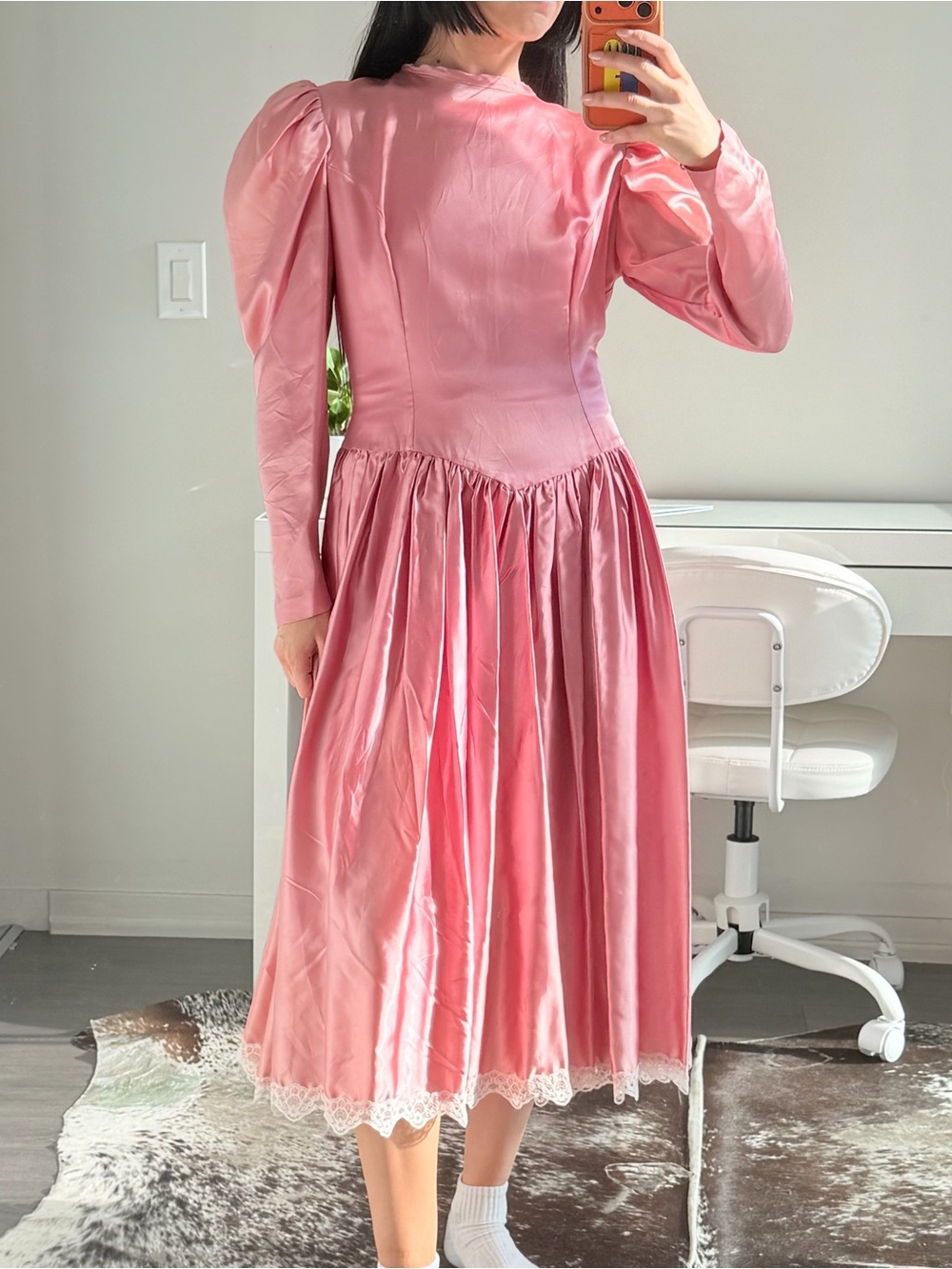 Girls' Pink Puff-Sleeve Satin Dress with Lace Trim